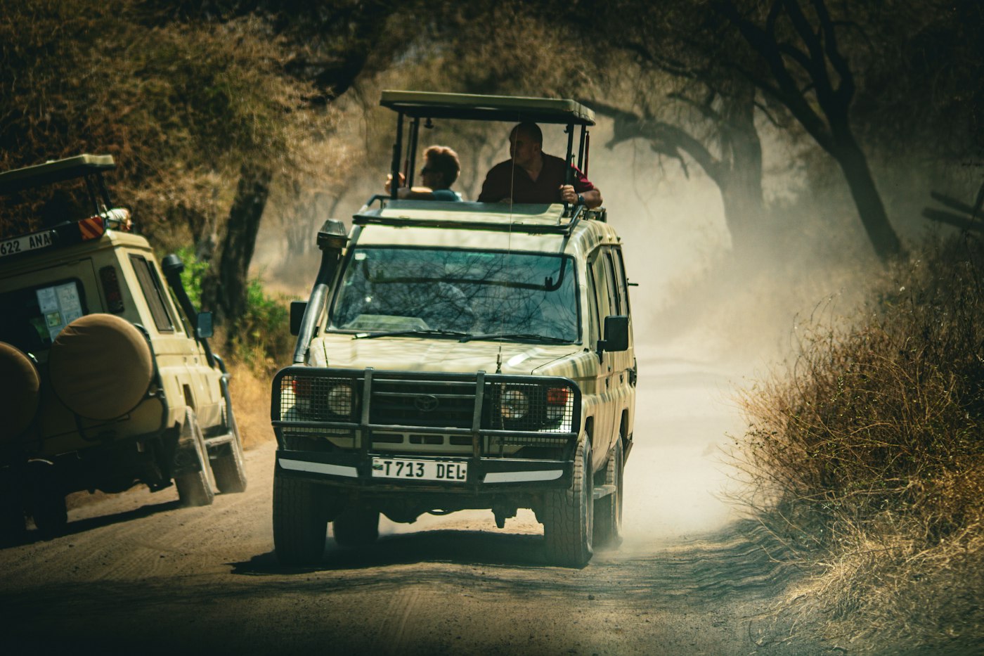 Pop-top safari Land Cruiser with guests kicking up dust on a bush track