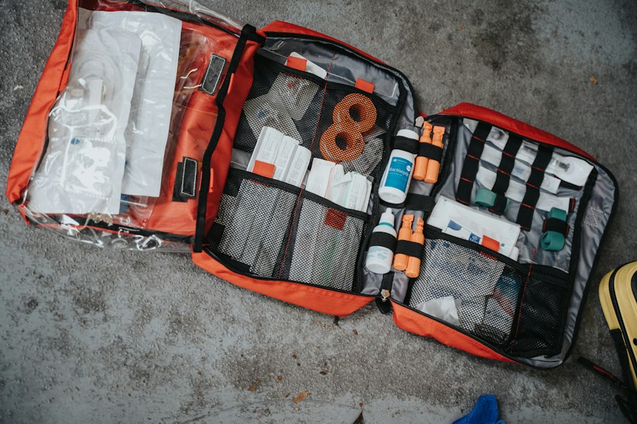 An open first-aid kit packed with medical supplies