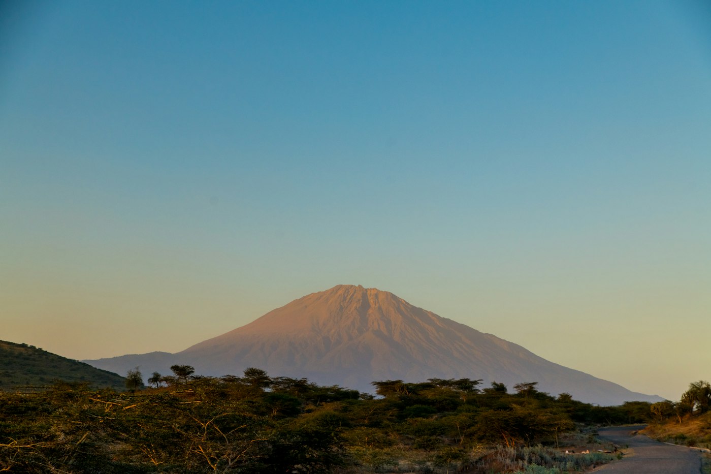 The cone of Mount Meru glowing at first light above the bush near Arusha