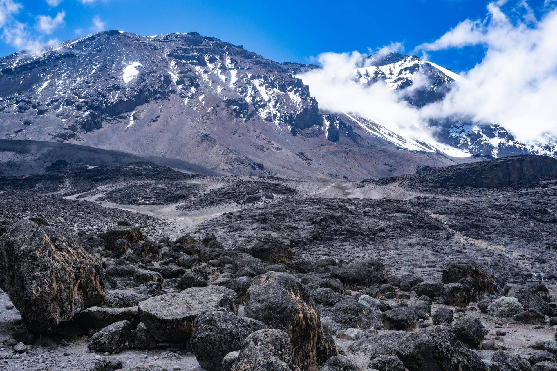 Kilimanjaro’s snow-streaked summit above the rocky alpine desert